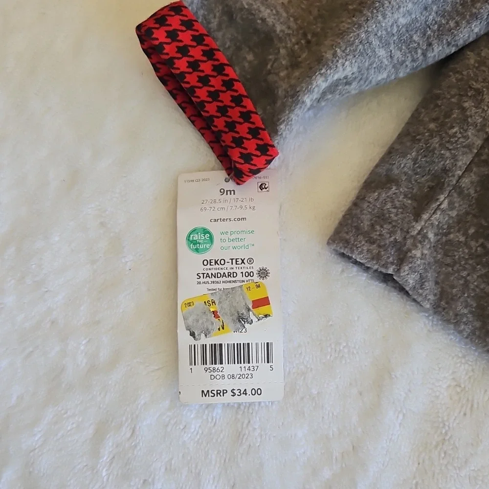 Carter's‎ 3 Piece Baby Outfit Set Gray Top Red Houndstooth Pants 9m
